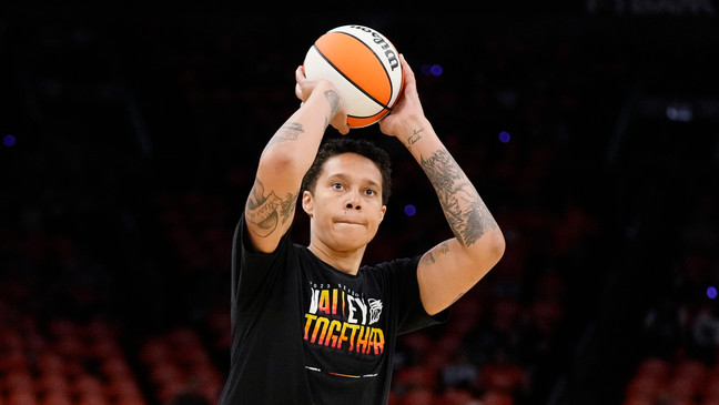 FILE - Phoenix Mercury center Brittney Griner warms up prior to a WNBA basketball game against the Chicago Sky, Sunday, May 21, 2023, in Phoenix. (AP Photo/Ross D. Franklin)