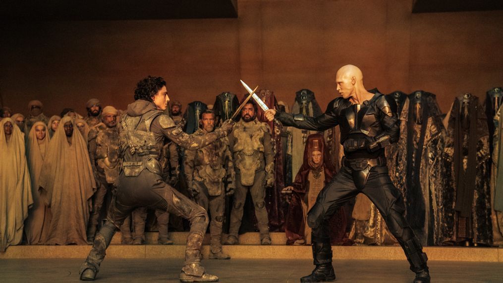 (L-r) TIMOTHÉE CHALAMET as Paul Atreides and AUSTIN BUTLER as Feyd-Rautha Harkonnen in Warner Bros. Pictures and Legendary Pictures’ action adventure “DUNE: PART TWO,” a Warner Bros. Pictures release.  (Photo: Warner Bros. Pictures)