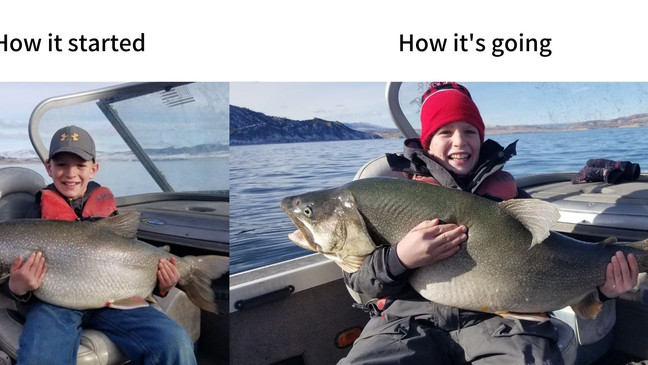 Screengrab of tweet from Utah DWR showing Tyler Grimshaw in June (L) with a 41-pound trout , and (R) with a 48-pound trout he caught in December 2020, both caught at Flaming Gorge, Utah.{&nbsp;} (Utah DWR)
