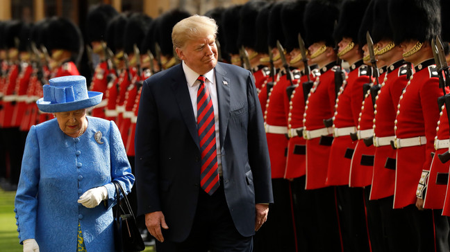 FILE - President Donald Trump and Queen Elizabeth II inspect a Guard of Honour, formed of the Coldstream Guards at Windsor Castle in Windsor, England, July 13, 2018. Queen Elizabeth II, Britain's longest-reigning monarch and a rock of stability across much of a turbulent century, died Thursday, Sept. 8, 2022, after 70 years on the throne. She was 96. (AP Photo/Matt Dunham, Pool, File)