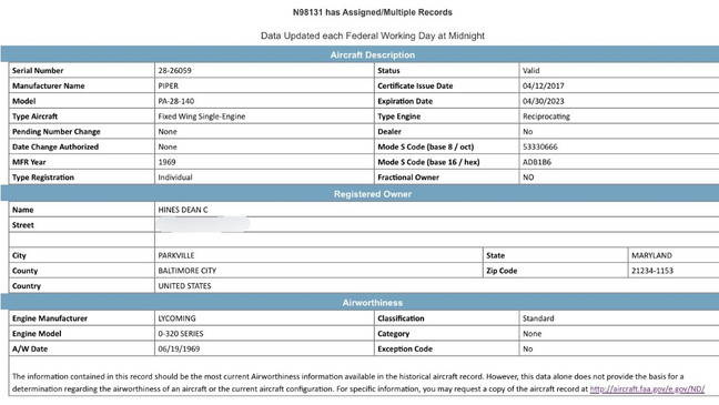 According to Federal Aviation Administration records, the aircraft{&nbsp;}— a{&nbsp;}Piper PA-28 Cherokee{&nbsp;}— is registered to Dean Hines of Baltimore County. (Photo: Federal Aviation Administration)