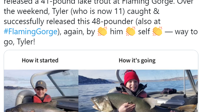 Screengrab of tweet from Utah DWR showing Tyler Grimshaw in June (L) with a 41-pound trout , and (R) with a 48-pound trout he caught in December 2020, both caught at Flaming Gorge, Utah.{&nbsp;} (Utah DWR)