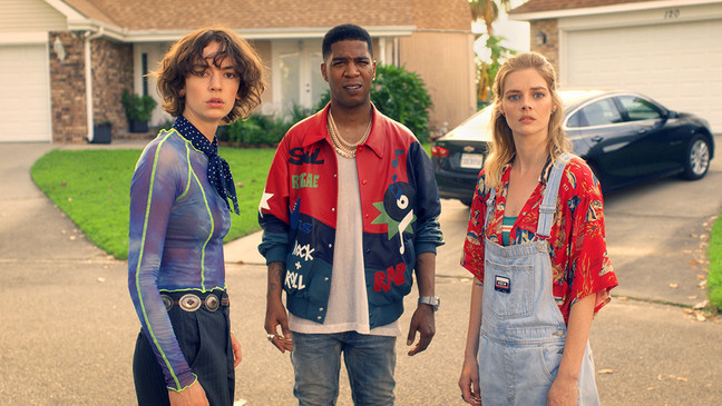 Brigette Lundy-Paine, Kid Cudi and Samara Weaving star in BILL & TED FACE THE MUSIC (Photo: Orion Pictures) 
