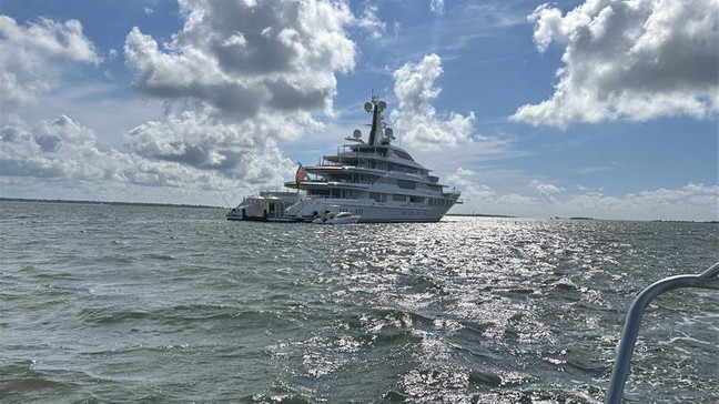 The yacht owned by "Harry Potter" author J.K. Rowling is docked in Charleston's harbor Wednesday. June 12, 2024. (Courtesy of Joshua Silva)