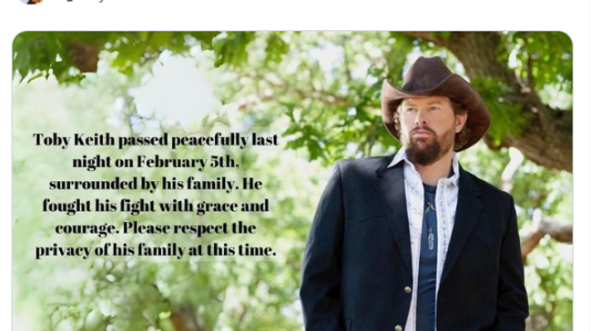 Toby Keith died at 62 from stomach cancer, according to his X account (Credit: @tobykeith)