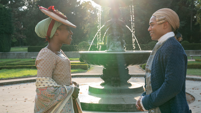 Ronke Adekoluejo and Kelvin Harrison Jr. in the film CHEVALIER. Photo by Larry Horricks. Courtesy of Searchlight Pictures. © 2023 20th Century Studios All Rights Reserved.