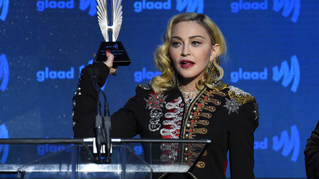 FILE - Honoree Madonna accepts the advocate for change award at the 30th annual GLAAD Media Awards at the New York Hilton Midtown on Saturday, May 4, 2019, in New York. (Photo by Evan Agostini/Invision/AP)