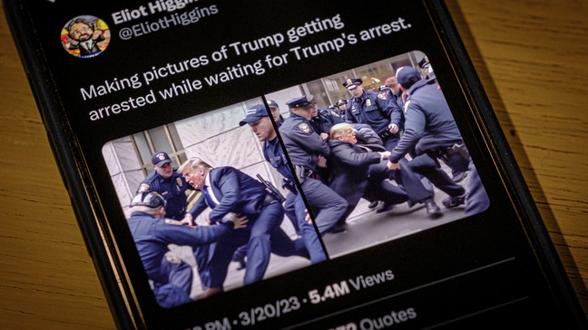 FILE - Images created by Eliot Higgins with the use of artificial intelligence show a fictitious skirmish with Donald Trump and New York City police officers posted on Higgins' Twitter account, as photographed on an iPhone in Arlington, Va., Thursday, March 23, 2023. (AP Photo/J. David Ake)