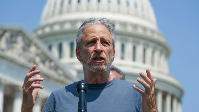FILE - Entertainer and activist Jon Stewart speaks in support of legislation to expand benefits and improve care for veterans suffering from toxic exposure to burn pits and other hazards, at the Capitol in Washington, May 26, 2021. (AP Photo/J. Scott Applewhite, File)
