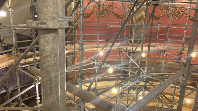 Scaffolding is spread across the Michigan State Capitol Building's rotunda on April 4, 2024. Restoration work, which comes about every 40 years or so, is almost complete. (James Prince/WWMT)