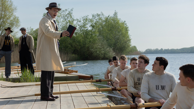 (l-r.) James Wolk star as Coach Bolles, Dominic Tighe as Coach Brown andJoel Edgerton as Coach Al Ulbrickson in director George Clooney'sTHE BOYS IN THE BOAT, an Amazon MGM Studios film. Photo credit: Laurie Sparham © 2023 Metro-Goldwyn-Mayer Pictures Inc. All Rights Reserved.