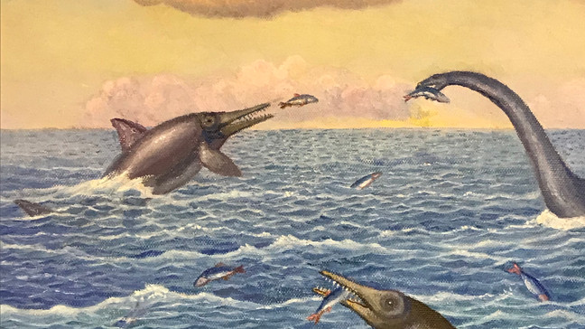 Depiction of ichthyosaurs during{ }the Late Jurassic epoch. Ichthyosaurs were dolphin-to-whale-sized marine reptiles that existed for almost 130 million years. (Image: Utah State Parks)
