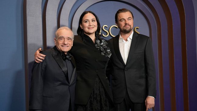 Martin Scorsese, from left, Lily Gladstone, and Leonardo DiCaprio arrive at the Governors Awards on Tuesday, Jan. 9, 2024, at the Dolby Ballroom in Los Angeles. (AP Photo/Chris Pizzello)