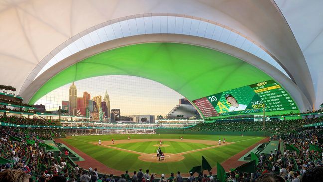 The Oakland Athletics and their design teams released renderings Tuesday, March 5, 2024 of the club's planned $1.5 billion stadium in Las Vegas that show five overlapping layers with a similar look to the famous Sydney Opera House. (Negativ via AP)