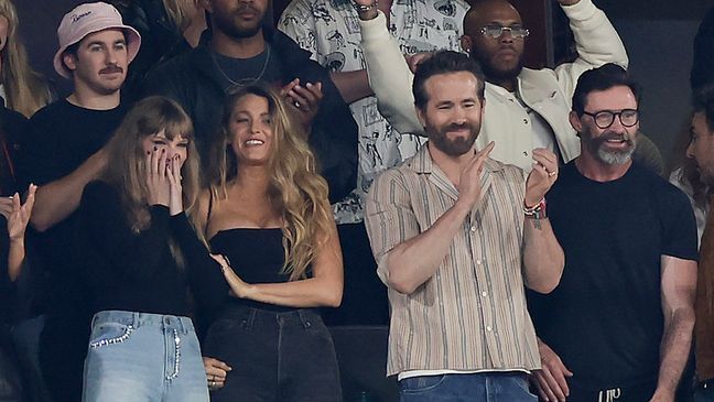 FILE - From left, Taylor Swift, Blake Lively, Ryan Reynolds and Hugh Jackman react during the first quarter of an NFL football game between the New York Jets and the Kansas City Chiefs, Sunday, Oct. 1, 2023, in East Rutherford, N.J. (AP Photo/Adam Hunger)