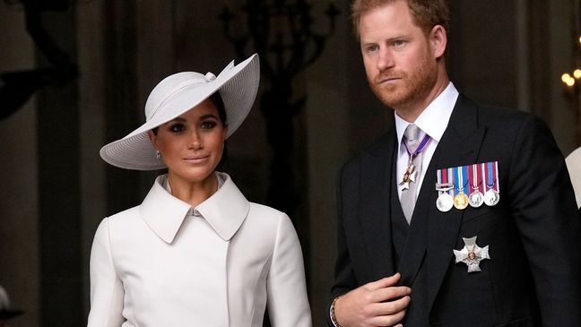 FILE - Prince Harry and Meghan Markle, Duke and Duchess of Sussex leave after a service of thanksgiving for the reign of Queen Elizabeth II at St Paul's Cathedral in London, Friday, June 3, 2022. (AP Photo/Matt Dunham, Pool, File)