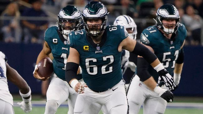 FILE - Philadelphia Eagles center Jason Kelce (62) blocks during an NFL Football game in Arlington, Texas, Sunday, Dec. 10, 2023. (AP Photo/Michael Ainsworth, File)