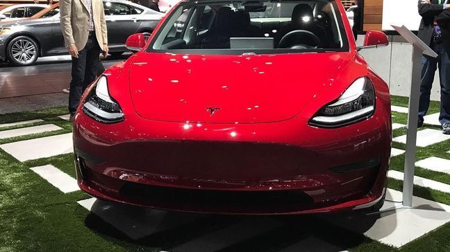 Tesla Model 3 on display at the 2017 Los Angeles Auto Show (Sinclair Broadcast Group / Jill Ciminillo)