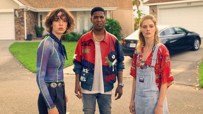 Brigette Lundy-Paine, Kid Cudi and Samara Weaving star in BILL & TED FACE THE MUSIC (Photo: Orion Pictures) 