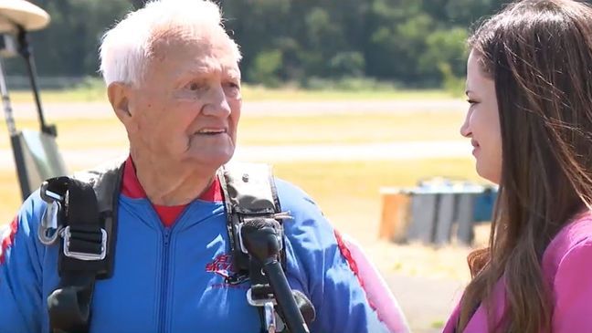 91-year-old John Finnie is seen skydiving on June 24, 2023, as friends, family cheer the Air Force veteran on. (SBG)