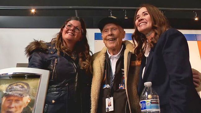 WWII veteran Dick Nelms poses for a photo during a celebration for his 101st birthday at the Museum of Flight on Saturday, Feb. 17, 2024. (Photo: Doug Pigsley, KOMO News)