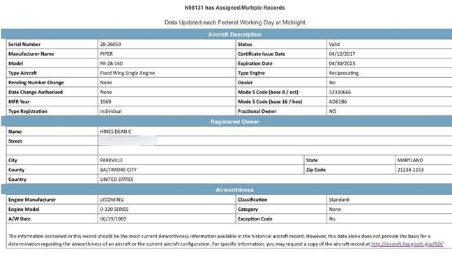 According to Federal Aviation Administration records, the aircraft{&nbsp;}— a{&nbsp;}Piper PA-28 Cherokee{&nbsp;}— is registered to Dean Hines of Baltimore County. (Photo: Federal Aviation Administration)