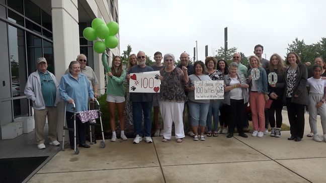 Larry Koppe celebrated his 100th treatment for cancer over a decade battle with friends, family and the community. (Caroline Patrickis)