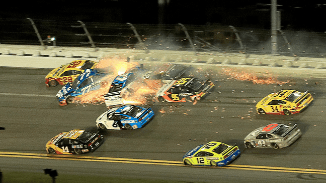 DAYTONA BEACH, FLORIDA - FEBRUARY 17: Ross Chastain, driver of the #77 AdventHealth Chevrolet, crashes during the NASCAR Cup Series 62nd Annual Daytona 500 at Daytona International Speedway on February 17, 2020 in Daytona Beach, Florida. (Photo by Mike Ehrmann/Getty Images)