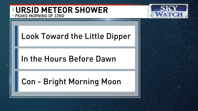 The{&nbsp;}Ursid Meteor Shower is set to peak the morning of Dec. 22 in the western North Carolina night sky. Those wanting to take a look should look up towards the Little Dipper in the house just before dawn. (WLOS)