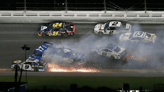 DAYTONA BEACH, FL - FEBRUARY 17:  Chase Elliott, driver of the #9 NAPA Auto Parts Chevrolet, crashes during the Monster Energy NASCAR Cup Series 61st Annual Daytona 500 at Daytona International Speedway on February 17, 2019 in Daytona Beach, Florida.  (Photo by Brian Lawdermilk/Getty Images)