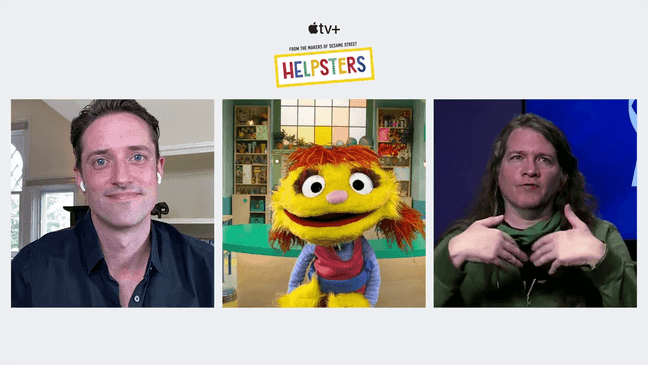 Ryan Painter talks with Sesame Workshop's Jordan Geary and Cody the star of Apple TV+'s "Helpsters" (Photo: Apple)