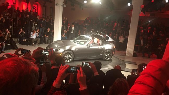 The Mazda MX-5 Retractable Fastback during its reveal at the 2016 New York International Auto Show. (Photo by Jill Ciminillo)