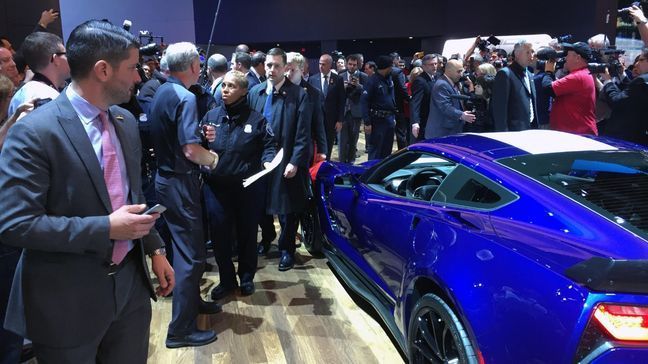 Media crowd the 2017 Chevrolet Corvette waiting for Vice President Joe Biden's arrival at the North American International Auto Show (Sinclair Broadcast Group / Jill Ciminillo)