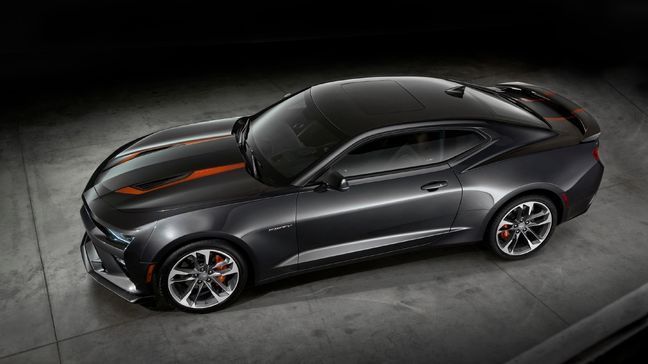 The 2017 Camaro 50th Anniversary Special Edition is available this summer 2016 on 2LT and 2SS coupe or convertible models. The Special Edition features a Nightfall Gray exterior, unique wheels and center caps, orange stripe package and a black interior with suede accents and orange stitching. (Photo courtesy of General Motors)