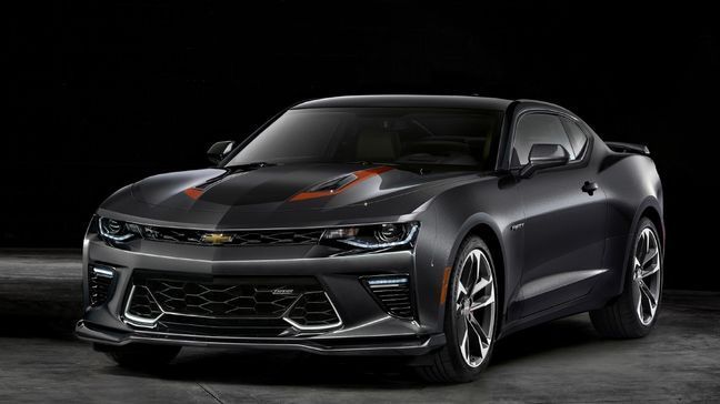 The 2017 Camaro 50th Anniversary Special Edition is available this summer 2016 on 2LT and 2SS coupe or convertible models. The Special Edition features a Nightfall Gray exterior, unique wheels and center caps, orange stripe package and a black interior with suede accents and orange stitching. (Photo courtesy of General Motors)