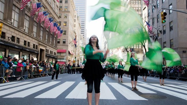 FILE - Participants in the St. Patrick's day parade perform as they march up Fifth Avenue, Thursday, March 17, 2016, in New York. (AP Photo/Mary Altaffer)