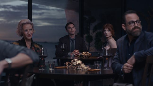 (From L-R): Janet McTeer, Nicholas Hoult, Anya Taylor-Joy, and Paul Adelstein in the film THE MENU. Photo Courtesy of Searchlight Pictures. © 2022 20th Century Studios All Rights Reserved.