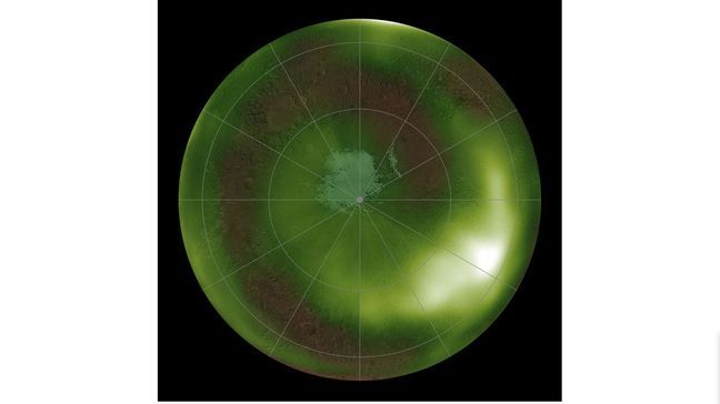 This is an image of the ultraviolet “nightglow” in the Martian atmosphere over the south pole (Credit NASA/MAVEN/Goddard Space Flight Center/CU/LASP)