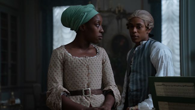 Ronke Adekoluejo and Kelvin Harrison Jr. in the film CHEVALIER. Photo by Larry Horricks. Courtesy of Searchlight Pictures. © 2023 20th Century Studios All Rights Reserved.