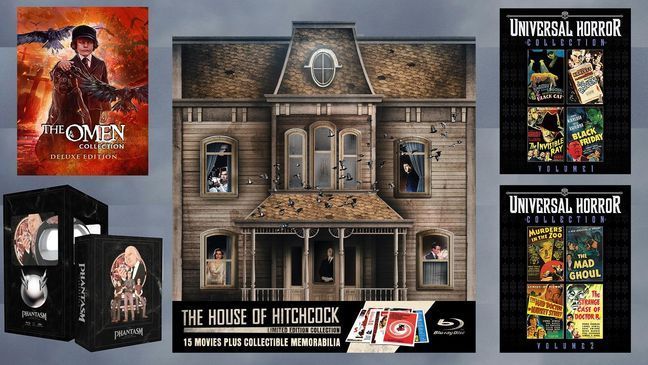 Horror box sets: "The Omen Collection," "The Phantasm Sphere Collection," "The House of Hitchcock," "Universal Horror Collection: Volume 1," "Universal Horror Collection: Volume 2." (Photo: Shout! Factory, Well Go USA, Universal) 