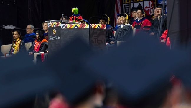 Kermit the Frog speaks during University of Maryland's commencement ceremony on Thursday, May 22, 2025, in College Park, Md. (Dylan Singleton/University of Maryland via AP)