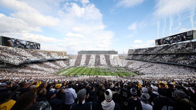 Beaver Stadium: Located at Penn State, Beaver Stadium holds 106,572 seats, a close challenger to conference rival Michigan. It began modestly as Beaver Field before being moved in 1960 and progressively renovated into what it is today, a raucous environment for all fans who enter. It’s notorious for “White Out” games, where opponents are surrounded by a visually stunning sea of white clothing worn by Penn State loyalists. {&nbsp;}{&nbsp;}STATE COLLEGE, PA - NOVEMBER 11: A general view of the Stripe Out themed stadium as the Penn State Nittany Lions and the Michigan Wolverines take the field before the game at Beaver Stadium on November 11, 2023 in State College, Pennsylvania. (Photo by Scott Taetsch/Getty Images)