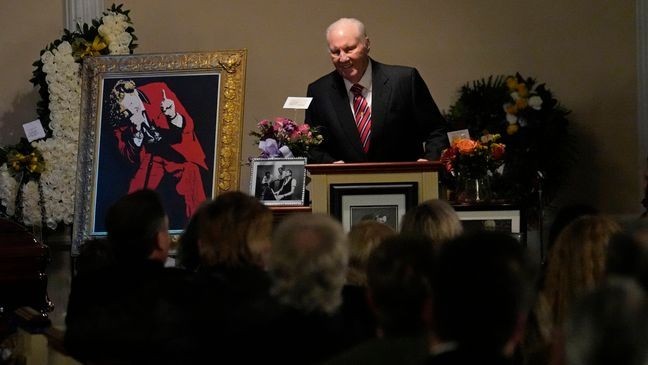 FILE - Televangelist Jimmy Swaggart speaks at the funeral service for his cousin, rock and roll pioneer Jerry Lee Lewis, in Ferriday, La., Saturday, Nov. 5, 2022. (AP Photo/Gerald Herbert, file)