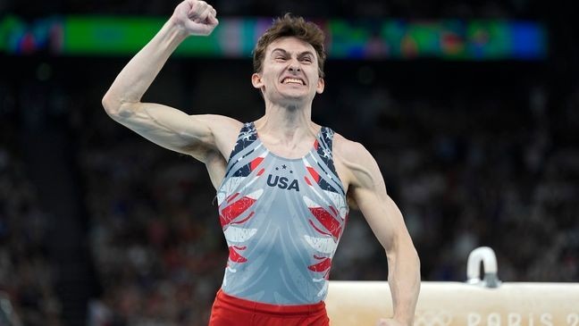 Stephen Nedoroscik, of United States, reacts after the pommel horse during the men's artistic gymnastics team finals round at Bercy Arena at the 2024 Summer Olympics, Monday, July 29, 2024, in Paris, France. (AP Photo/Abbie Parr)