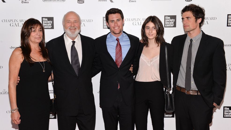 FILE - Honoree Rob Reiner, second left, poses with his wife Michele, left, and children Jake, center, Romy, and Nick at the 41st annual Chaplin Award Gala at Avery Fisher Hall, April 28, 2014, in New York. (Photo by Evan Agostini/Invision/AP, File)