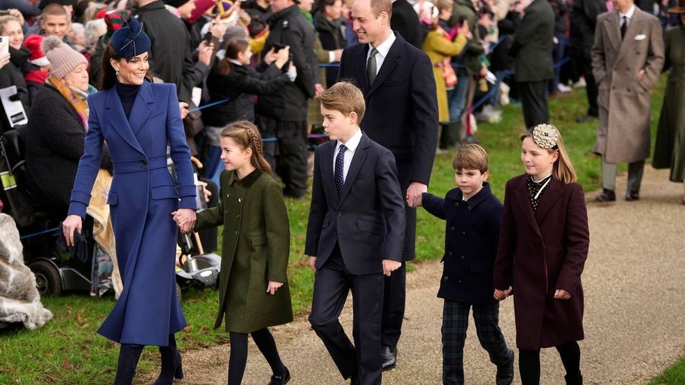 FILE - Britain's Kate, Princess of Wales, Princess Charlotte, Prince George, William, the Prince of Wales, Prince Louis and Mia Tindall arrive to attend the Christmas day service at St Mary Magdalene Church in Sandringham in Norfolk, England, Monday, Dec. 25, 2023.(AP Photo/Kin Cheung)