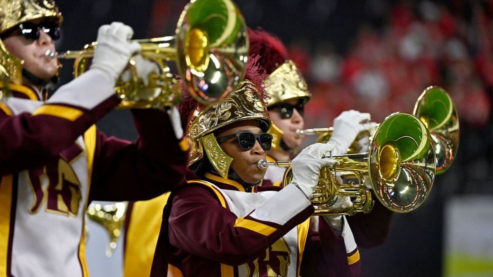 LAS VEGAS, NEVADA - DECEMBER 02: Members of the USC Trojans marching band perform prior to the Pac-12 Championship against the Utah Utes at Allegiant Stadium on December 02, 2022 in Las Vegas, Nevada. (Photo by David Becker/Getty Images)