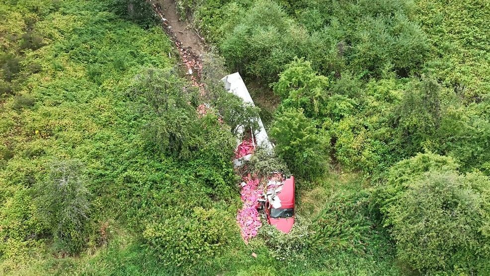 Image for story: Semi-truck carrying soda runs off I-5, lands 200 feet off road