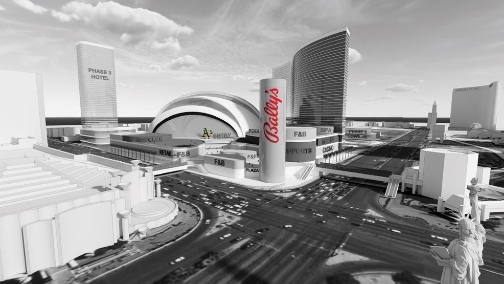 A rendering from Marnell Architecture depicts initial plans for a new casino-resort centered around the Athletics' Las Vegas ballpark on the Strip. (Image via Clark County)