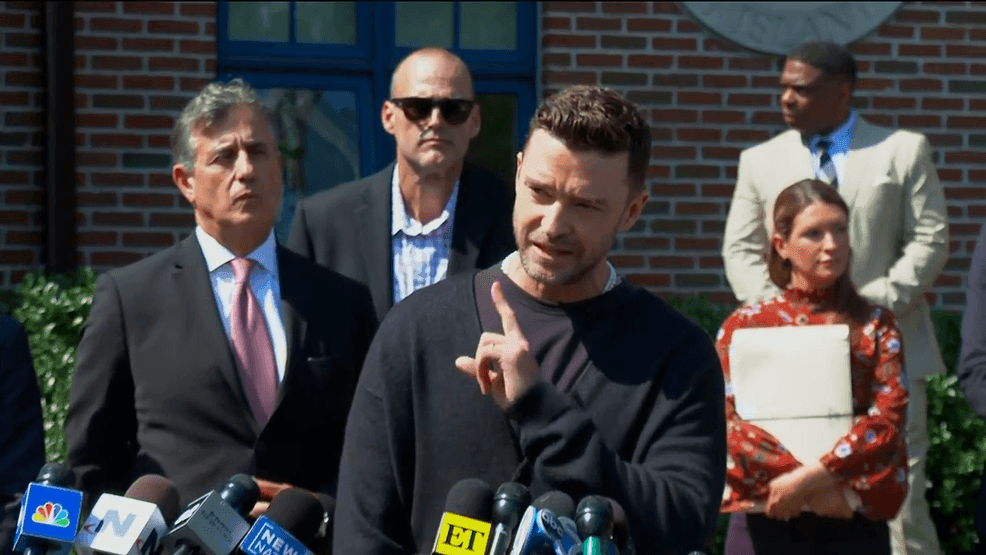 Justin Timberlake and his attorney speak to media after entering guilty to plea to impaired driving charge on Friday, September 13, 2024. (Pool)